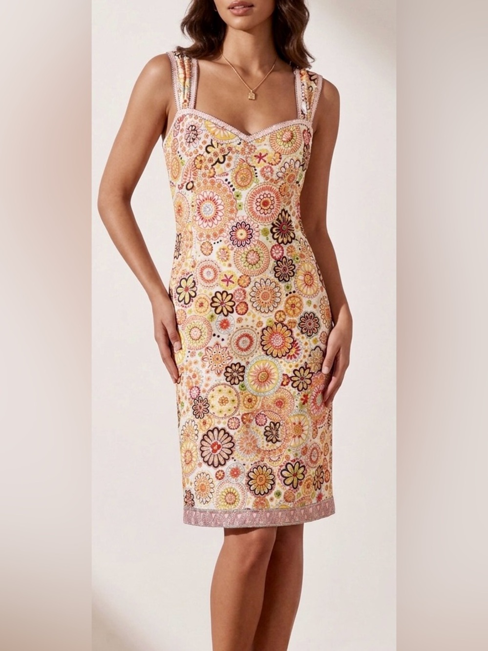 Harold's Cream Sundress with Yellow, Orange & Pink Floral Medallions